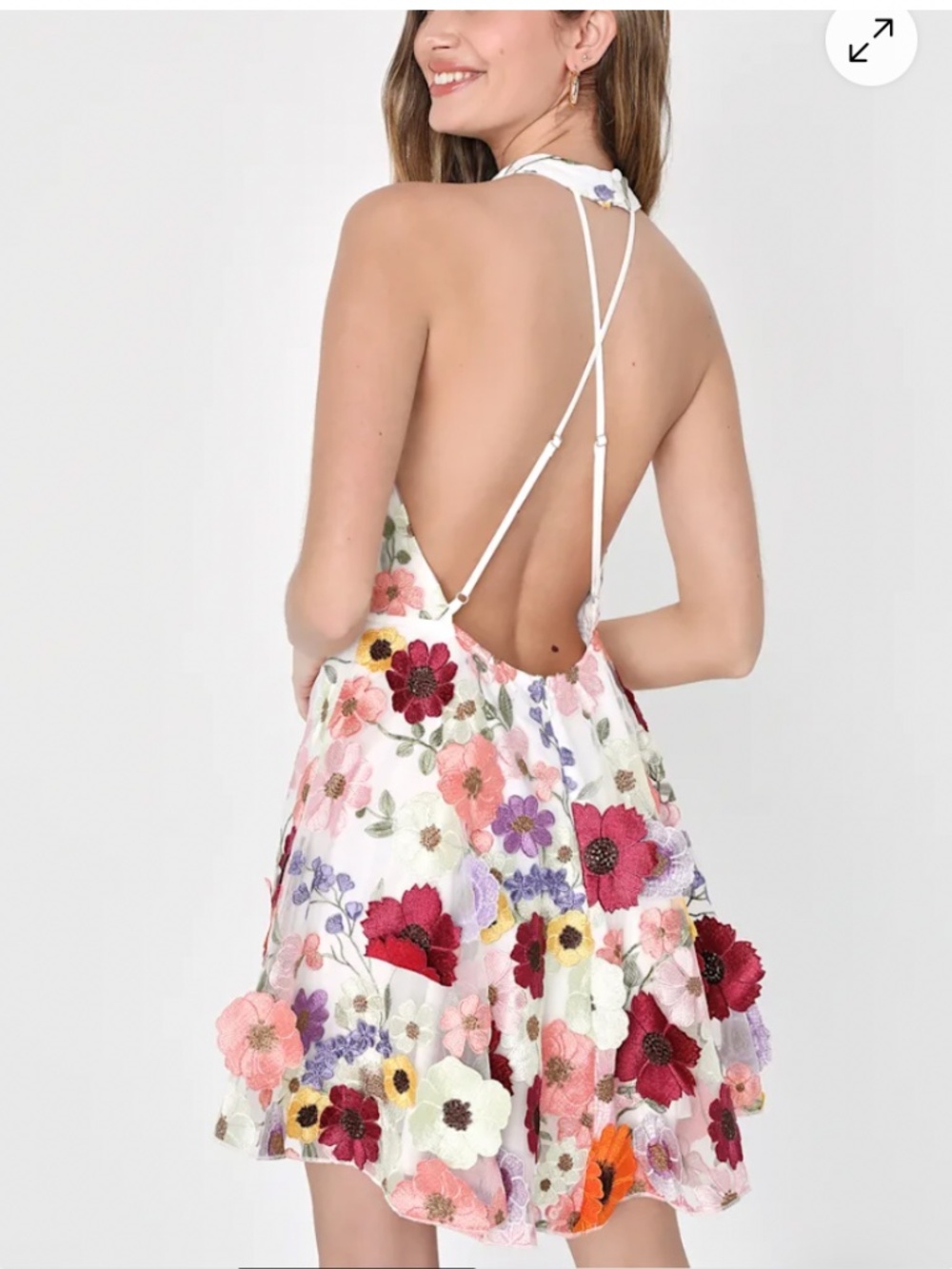 Blooming Bliss Ivory 3D Floral Embroidered Halter Mini Dress Size small - Picture 2 of 11